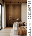 Contemporary loft interior with sofa, brown wood wall panels, pampas grass, console and decor. 3d render illustration mockup. 128100716