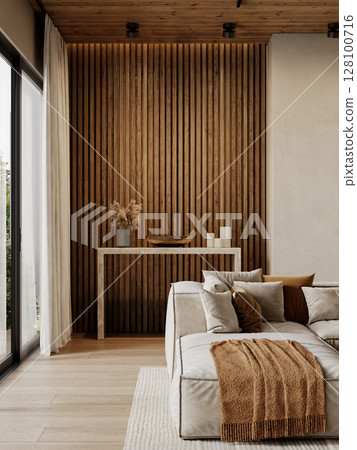 Contemporary loft interior with sofa, brown wood wall panels, pampas grass, console and decor. 3d render illustration mockup. Contemporary loft interior with sofa, brown wood wall panels, pampas grass, console and decor. 3d render illustration mockup. 128100716