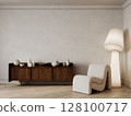 Classic beige interior with blank wall, wood dresser with decor, armchair, floor lamp, coffee table and wood floor. 3d render illustration mockup. 128100717
