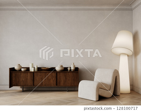 Classic beige interior with blank wall, wood dresser with decor, armchair, floor lamp, coffee table and wood floor. 3d render illustration mockup. Classic beige interior with blank wall, wood dresser with decor, armchair, floor lamp, coffee table and wood floor. 3d render illustration mockup. 128100717