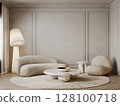 Classic beige interior with sofa, armchair, coffee tables, round rug, floor lamp and decor. 3d render illustration mockup. 128100718