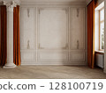 Classic empty interior with column, orange curtains, moldings and parquet floor. 3d render illustration mockup. 128100719