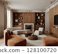 Classic interior with wood panels, fireplace, tv hanging console, sofa, armchair, coffee tables and decor. 3d render illustration mockup. 128100720