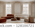 Classic beige interior with sofa, armchair, pillows, moldings, fur carpet, coffee table and wood floor, 3d render illustration mockup. 128100721