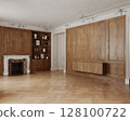 Classic interior with wood panels, fireplace, tv hanging console and decor. 3d render illustration mockup. 128100722