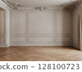 Classic beige empty interior with blank wall with moldings, wood chevron floor and curtains. 3d render illustration mockup. 128100723