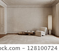 Classic beige interior with armchair, blank wall, coffee tables, carpet, floor lamp and decor. 3d render illustration mockup. 128100724