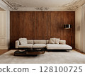 Classic interior with wood wall panels, sofa, pillows, coffee tables, carpet, floor lamp and decor. 3d render illustration mockup. 128100725
