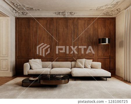 Classic interior with wood wall panels, sofa, pillows, coffee tables, carpet, floor lamp and decor. 3d render illustration mockup. Classic interior with wood wall panels, sofa, pillows, coffee tables, carpet, floor lamp and decor. 3d render illustration mockup. 128100725