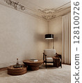 Classic beige interior with armchair, floor lamp, carpet, coffee table and decor. 3d render illustration mockup. 128100726