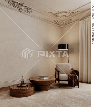 Classic beige interior with armchair, floor lamp, carpet, coffee table and decor. 3d render illustration mockup. 128100726