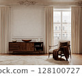 Classic beige interior with dresser with decor, armchair and carpet.3d render illustration mockup. 128100727
