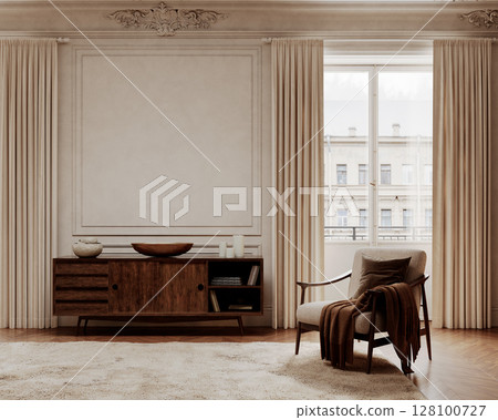 Classic beige interior with dresser with decor, armchair and carpet.3d render illustration mockup. Classic beige interior with dresser with decor, armchair and carpet.3d render illustration mockup. 128100727