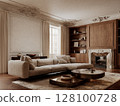 Classic beige interior with fireplace sofa, pillows, moldings, dresser, fur carpet, coffee table and wood floor. 3d render illustration mockup. 128100728
