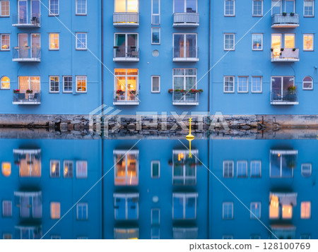 Aalesund, Norway. North. View of the town. Old buildings in the city center. 128100769