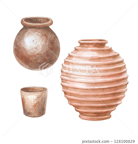 A set of different clay pots. Hand drawn watercolor illustration isolated on white. A clipart for postcards, invitations, and scrapbooking. A set of different clay pots. Hand drawn watercolor illustration isolated on white. A clipart for postcards, invitations, and scrapbooking. 128100829