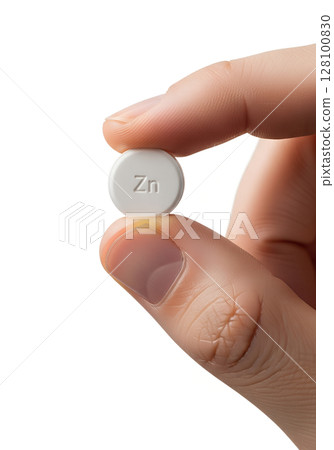 Close-up of hand holding zinc tablet, immunity booster, isolated on transparent background, dietary supplement, mineral nutrition, wellness concept Close-up of hand holding zinc tablet, immunity booster, isolated on transparent background, dietary supplement, mineral nutrition, wellness concept 128100830