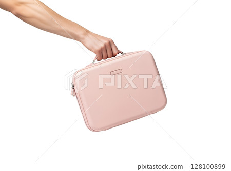 Hand holding soft pink portable case, minimalist design, isolated on transparent background, travel accessory, storage container 128100899