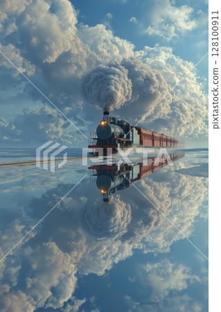Surreal Train Glides Across Water Beneath Bright Blue Sky and Clouds 128100911