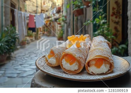Cannoli on Ceramic Plate Outside Bakery in Narrow Sicilian Alley 128100919