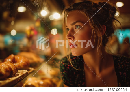 Woman Pausing Quietly Outside Bakery Window in Soft Evening Light 128100934