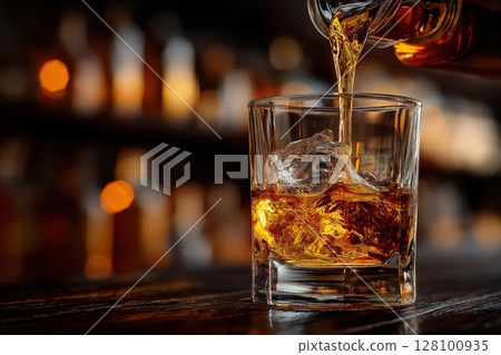 Whiskey Pouring Over Ice Ball in Classic Glass at Elegant Bar Whiskey Pouring Over Ice Ball in Classic Glass at Elegant Bar 128100935