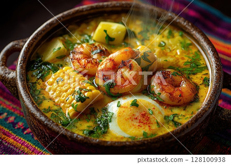 Steaming Chupe de Camarones with Shrimp, Corn, and Yellow Broth 128100938