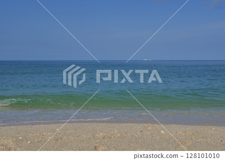 Florida coastal landscape with sandy shore turquoise water and sky with light clouds Florida coastal landscape with sandy shore turquoise water and sky with light clouds 128101010