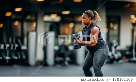 Adult woman during dumbbell training in the gym, plus size black woman exercising in the gym, copy space for health and exercise concept 128101106