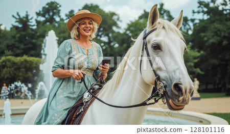 Portrait of a mature woman in a vintage dress and hat riding a stallion, holding a phone in her hand while riding a horse in a formal park, a moment of relaxation and horseback riding 128101116