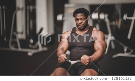 Poster with adult man working hard on deadlift machine while sitting in gym, copy space about concept of sport and active life regular exercise Poster with adult man working hard on deadlift machine while sitting in gym, copy space about concept of sport and active life regular exercise 128101122