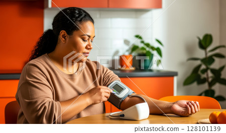 Portrait of young Samoan woman sitting kitchen table using digital tonometer monitor and control high blood pressure, cozy home environment and convenience modern technology check low blood pressure 128101139