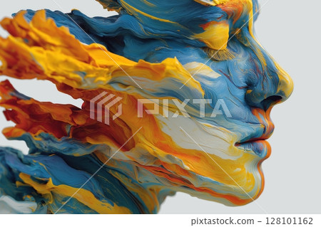 Abstract figure melts into colors expressing emotions on stark white background 128101162