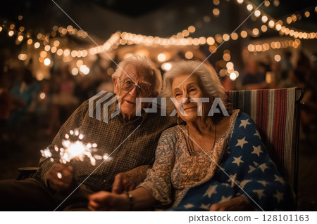 Elderly couple watches fireworks, sparkler glowing, flag blanket across her lap 128101163