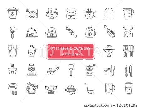 Utensils and cutlery, 32 cute line vector icons Utensils and cutlery, 32 cute line vector icons 128101192
