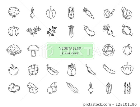 Vegetables, 32 black line vector icons Vegetables, 32 black line vector icons 128101196