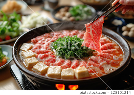Shabu-shabu hot pot with wagyu beef, tofu, vegetables in tatami room 128101214