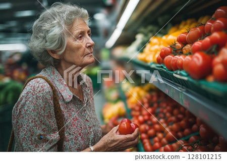Elderly woman choosing ripe tomatoes in grocery store under warm fluorescent light 128101215