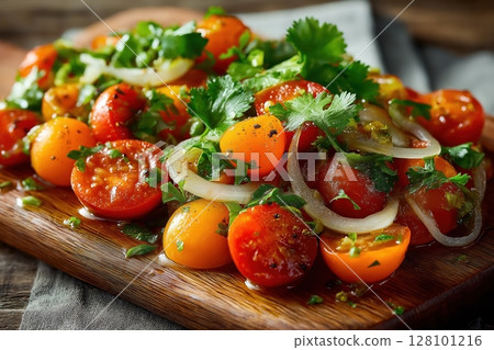 Fresh halved cherry tomatoes with shallots, olive oil, herbs and rustic texture 128101216
