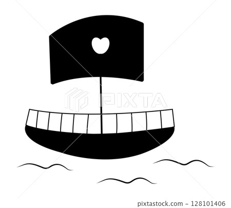 Black floating boat with heart on the sail 128101406