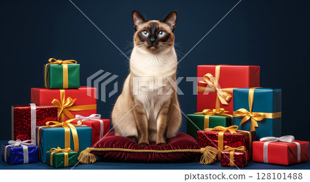 Siamese cat sits regally among colorful wrapped gifts on a dark blue background. Holiday pet portrait. 128101488