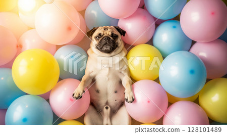 Pug dog lying amongst pastel balloons. Birthday, party, celebration, and adorable pet concepts. Pug dog lying amongst pastel balloons. Birthday, party, celebration, and adorable pet concepts. 128101489
