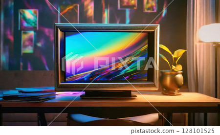 A framed monitor displaying fantastic digital art / A visual that combines modern art and interior design 128101525