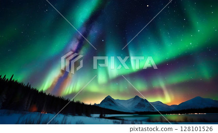 A magnificent aurora spreading across the starry sky and a snowy mountain landscape / Background material expressing the mystery of nature and the beauty of the night sky 128101526