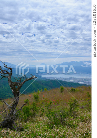 從高木岬山頂眺望諏訪湖、富士山、南阿爾卑斯山 128101610