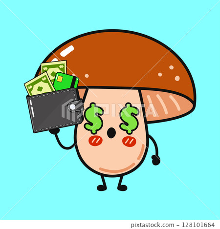 A cartoon mushroom with dollar eyes holds cash and a credit card in a wallet. 128101664