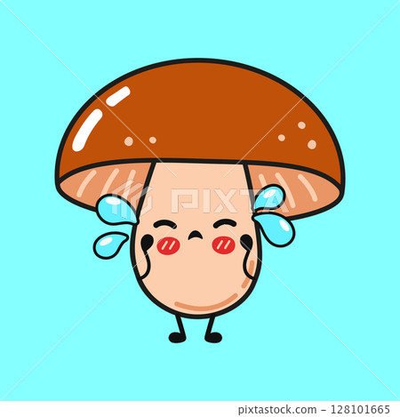 A crying cartoon mushroom expressing sadness with cute, emotive detail. A crying cartoon mushroom expressing sadness with cute, emotive detail. 128101665