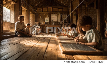 Children in a traditional classroom writing on slates with their teacher present. 128101683