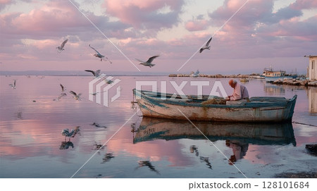 Fisherman in his boat surrounded by seagulls at sunset reflecting in the water Fisherman in his boat surrounded by seagulls at sunset reflecting in the water 128101684