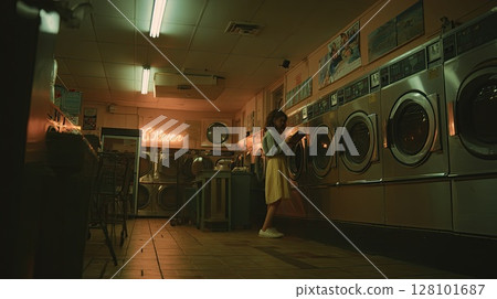 A woman reads in a vintage laundromat under soft neon light, lost in thought. 128101687
